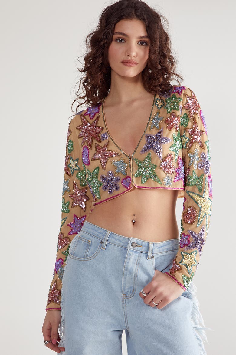 Star And Heart Embellished Crop Jacket, Alternate, color, Nude