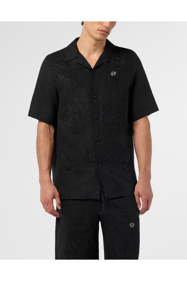 Embroidered Linen Bowling Shirt Tattoo Strass Men, Main, color, black/black