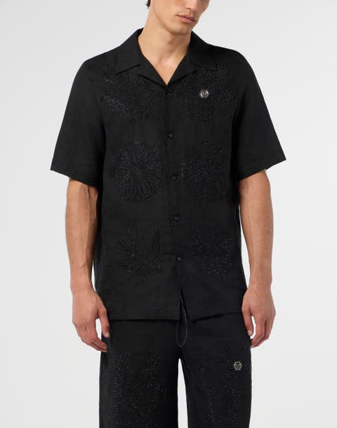 Embroidered Linen Bowling Shirt Tattoo Strass Men