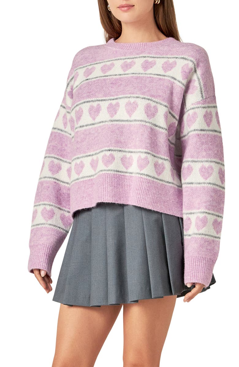English Factory Heart Stripe Crewneck Sweater, Alternate, color, Pink