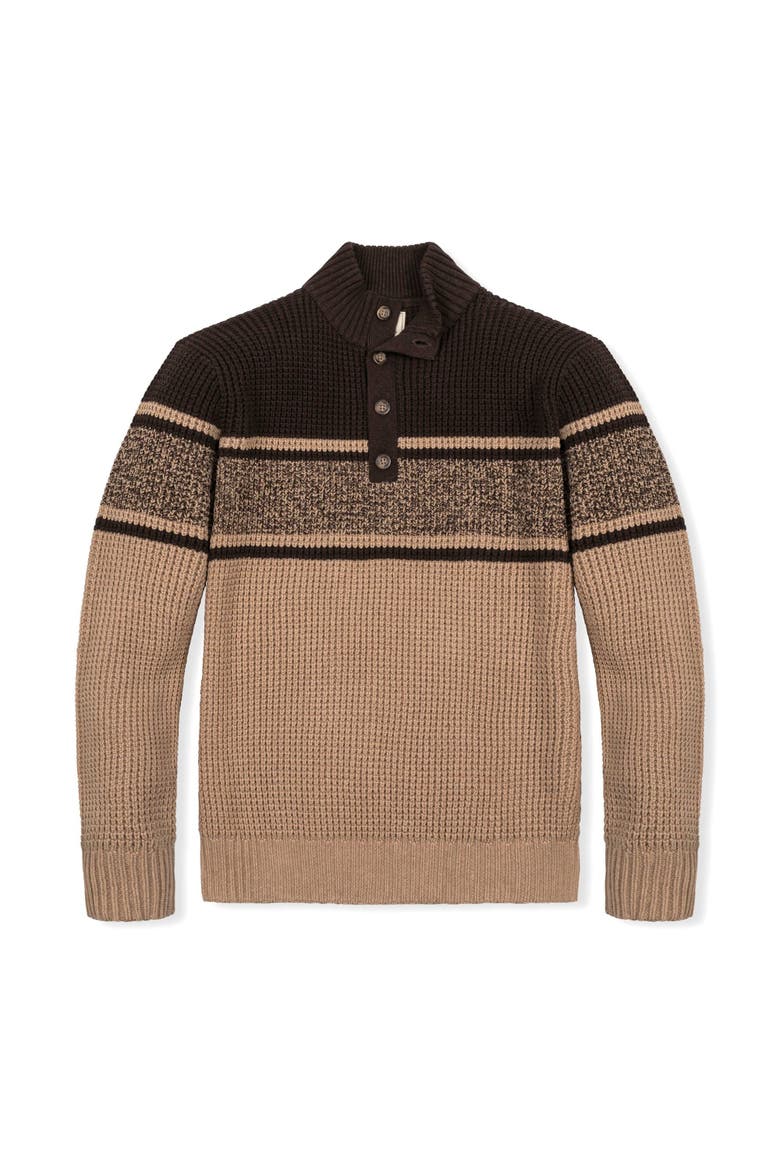 Organic Mock Neck Waffle Sweater, Alternate, color, Camel and Chocolate Stripe