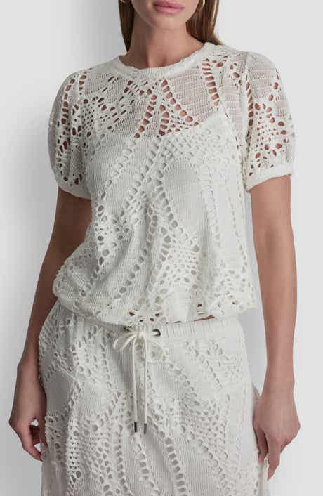 DKNY Leaf Open Stitch Cotton Blend Knit Top