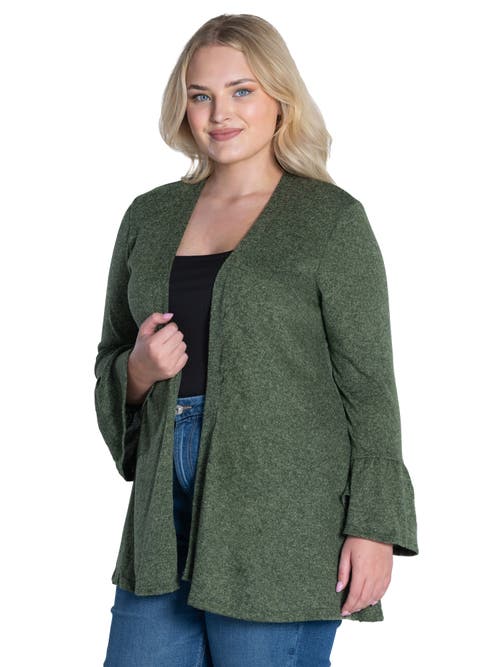 24seven Comfort Apparel Plus Size Knit Three Quarter Bell Sleeve Open Cardigan In Green