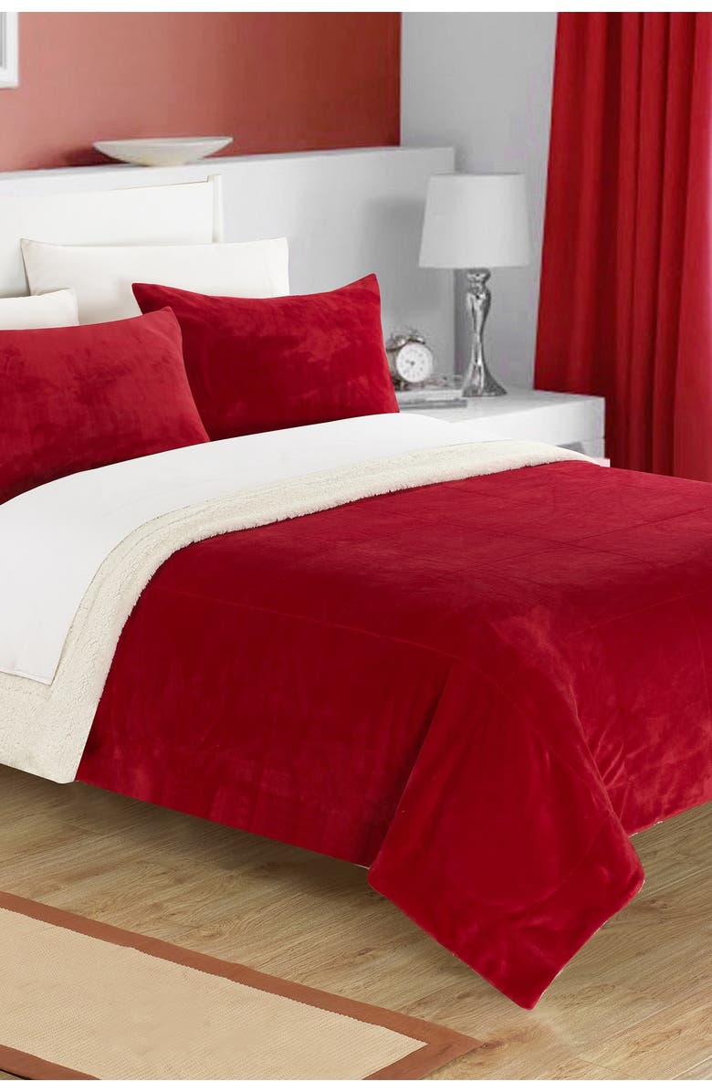 CHIC Queen Evelyn Faux Shearling Blanket Set - Burgundy, Main, color,