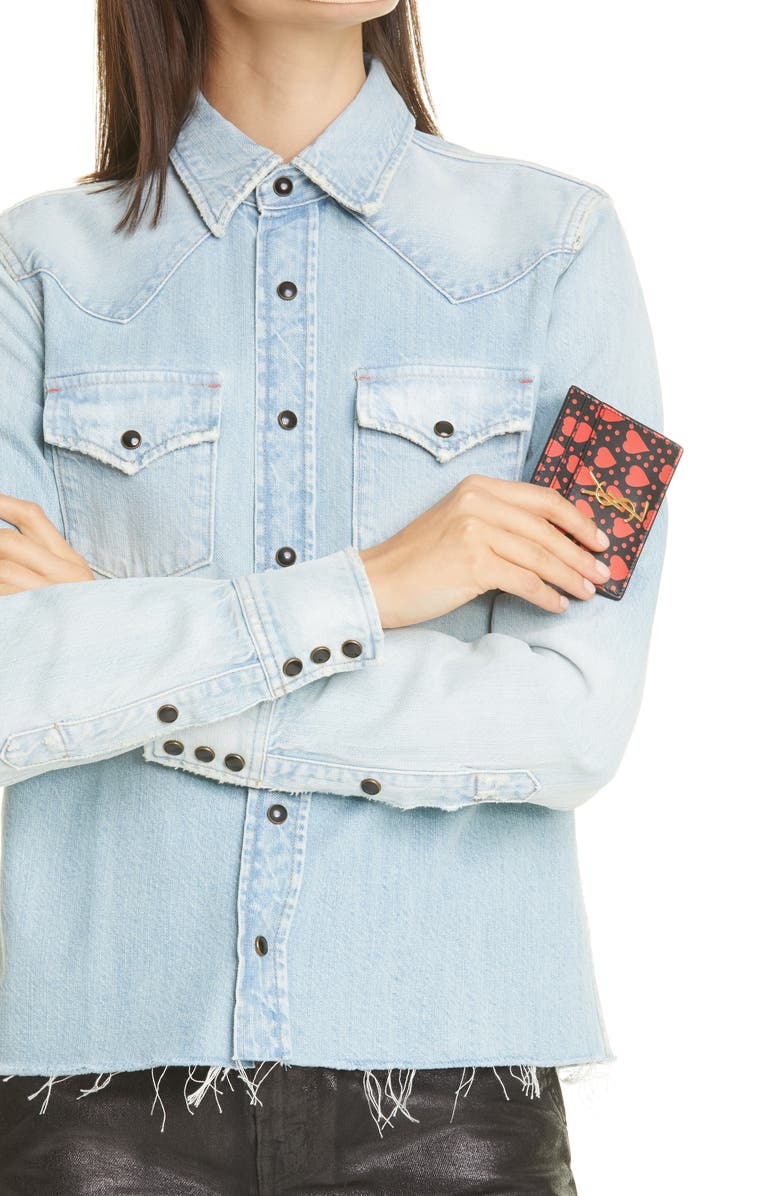 Saint Laurent Monogram Heart Leather Card Case, Alternate, color,