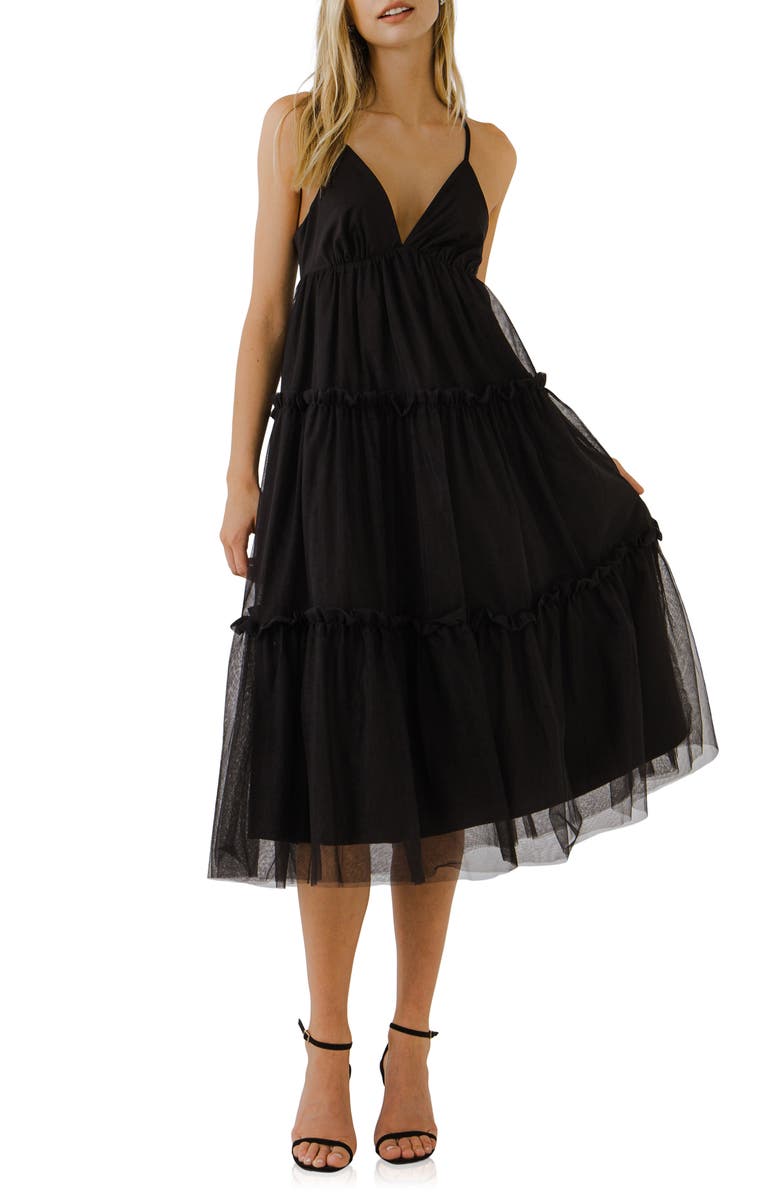 English Factory Tulle Contrast Sleeveless Midi Dress, Main, color, 