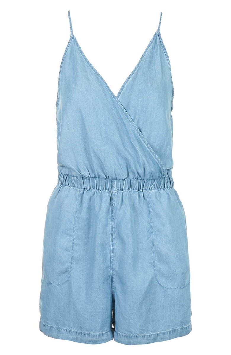 Topshop Moto Surplice Denim Romper, Alternate, color, 