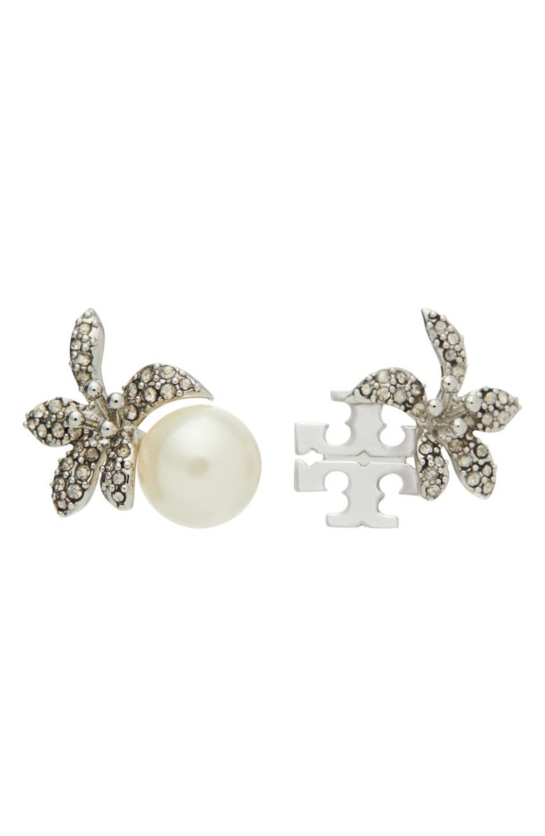 Tory Burch Moondance Flower Stud Earrings, Main, color, Tory Silver / Pearl / Crystal