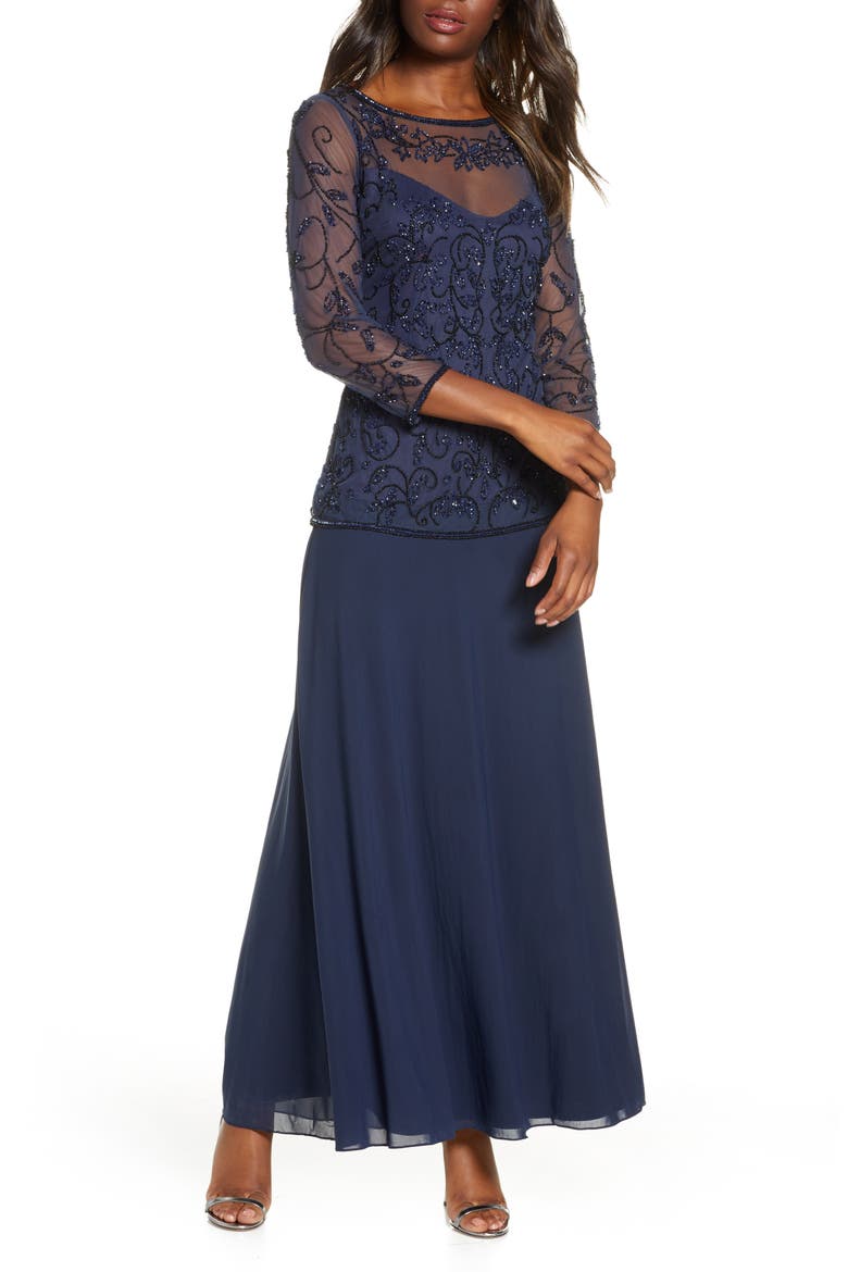 Beaded Mesh Mock Two-Piece Gown, Main, color, NAVY/ BLACK