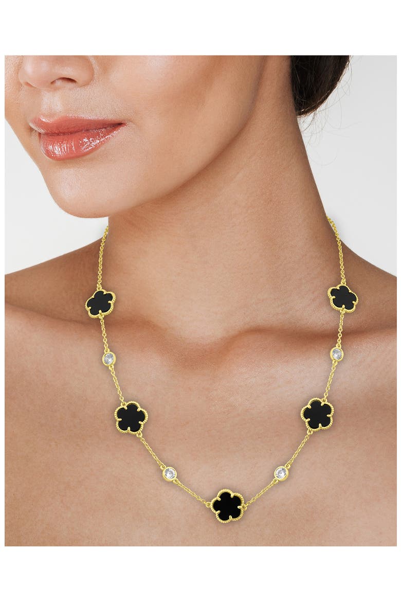 Cubic Zirconia & Black Clover Station Necklace, Alternate, color, BLACK/ GOLD