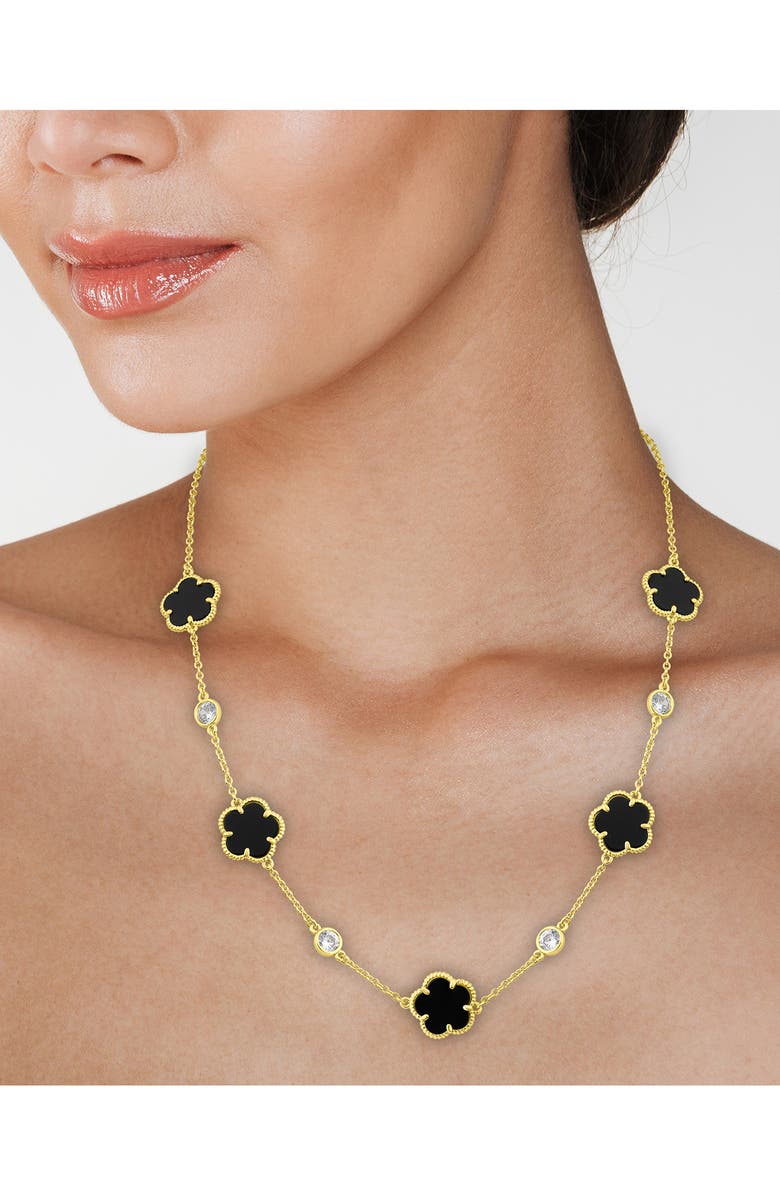CZ by Kenneth Jay Lane Cubic Zirconia & Black Clover Station Necklace, Alternate, color, Black/ Gold
