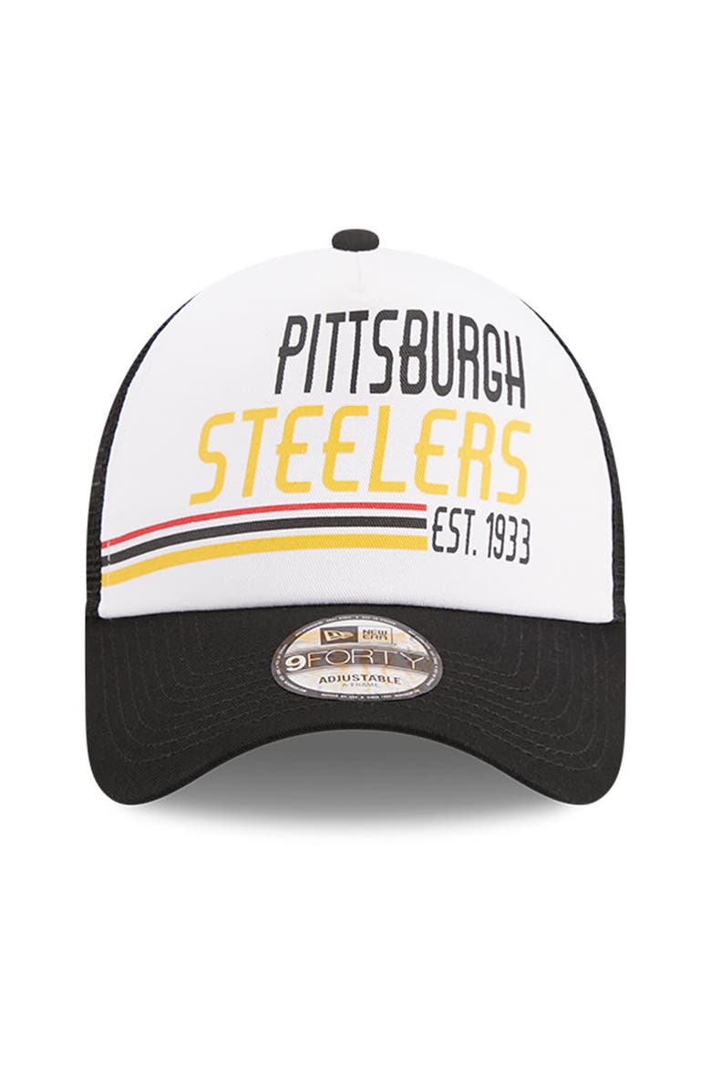 Men's New Era White/Black Pittsburgh Steelers Stacked A-Frame Trucker 9FORTY Adjustable Hat, Alternate, color, White