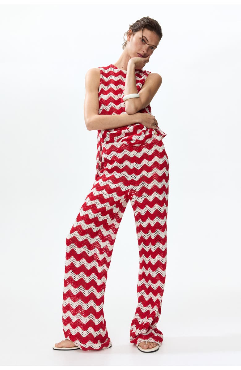 H&M Crochet-look jacquard jersey pants, Main, color, White/Red Striped