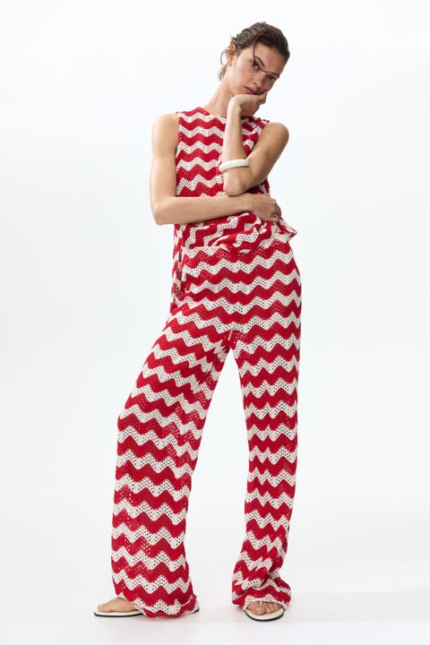 Crochet-look jacquard jersey pants