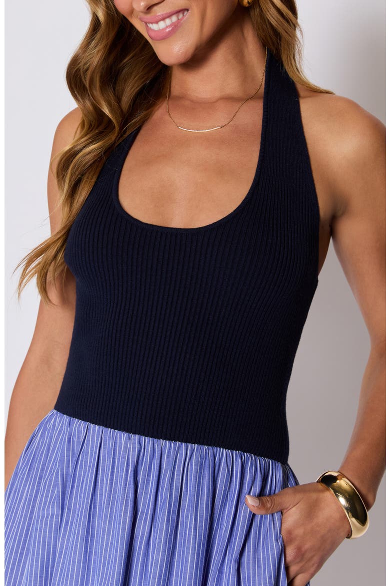 Piper Mixed Media Midi Halter Dress (Nordstrom Exclusive), Alternate, color, NAVY