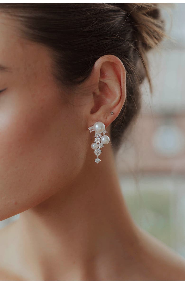 Untamed Petals Alexandra Pearl and Crystal Drop Earrings, Alternate, color, Silver