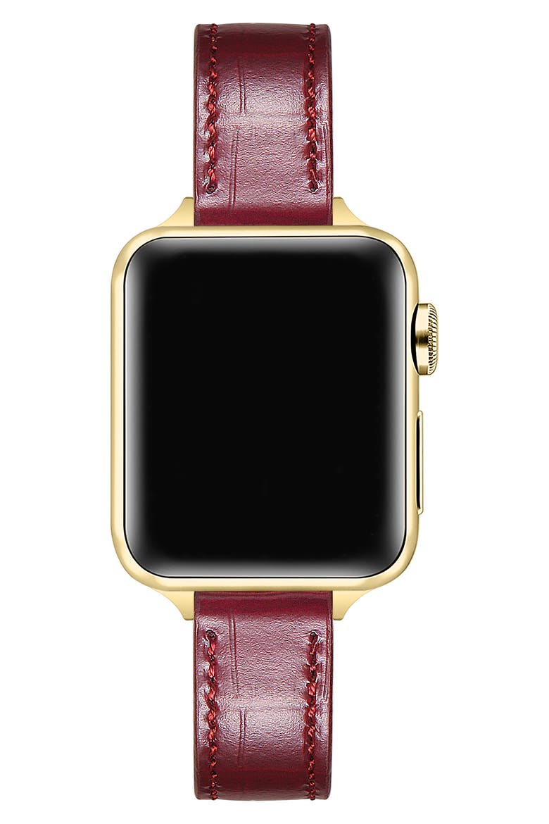 Carmen Skinny Croc Embossed Leather Apple Watch® Watchband, Alternate, color, CHERRY LAQUER