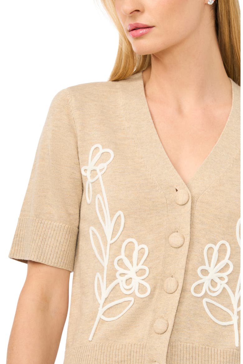 Embroidered Floral Short Sleeve Cardigan, Alternate, color, OATMEAL TAUPE