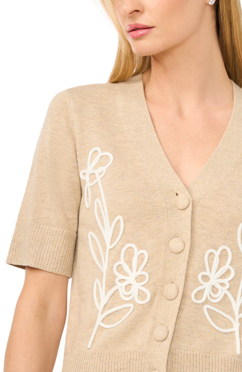CeCe Embroidered Floral Short Sleeve Cardigan, Alternate, color, Oatmeal Taupe