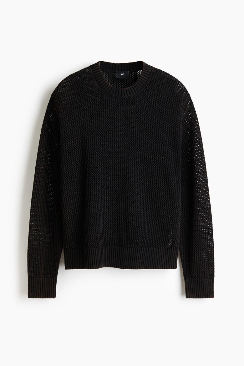 Loose-Fit Open-Knit Cotton Sweater, Alternate, color, Black