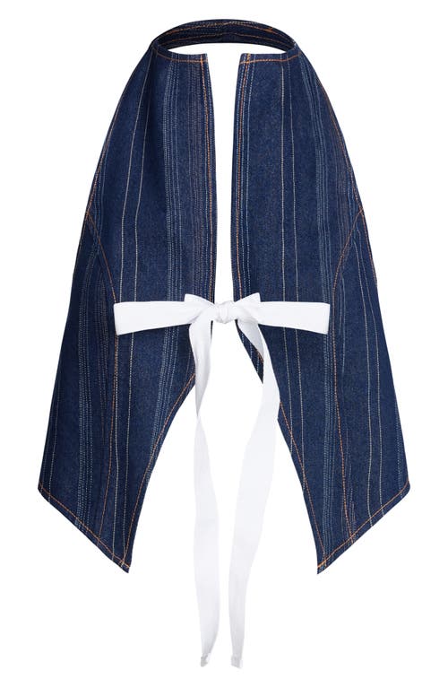 Lioness Denim Halterneck Contrast Bow Split Front Top In Dark Denim Stripe