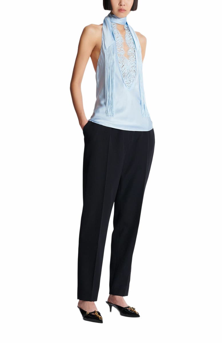 Balmain Backless Crepe Satin Top With Fringe, Main, color, Blue