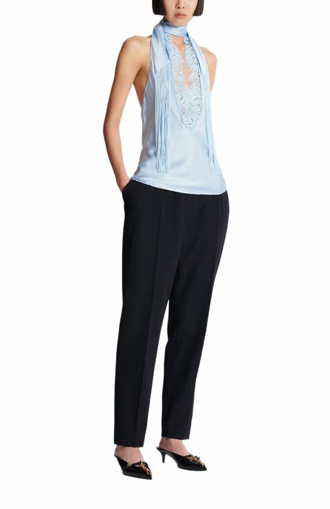 Backless Crepe Satin Top With Fringe