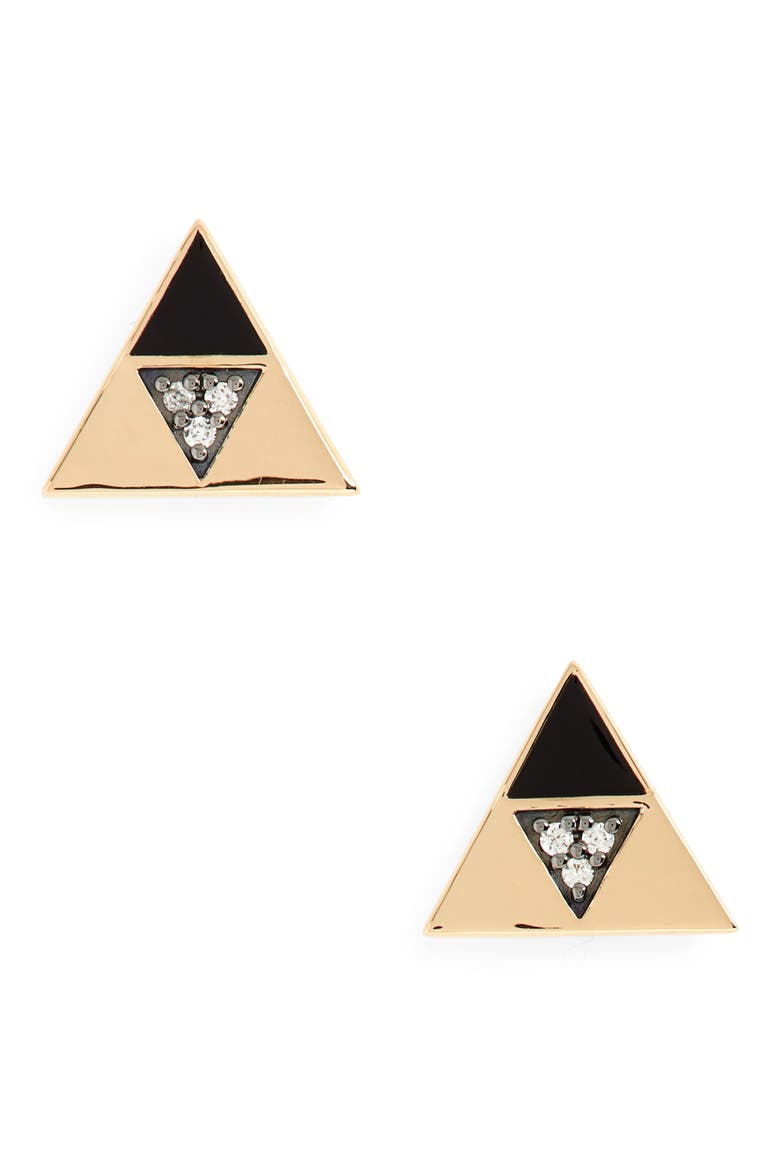 Enamel & Diamond Triangle Stud Earrings, Main, color, YELLOW GOLD/ DIAMOND/ BLACK