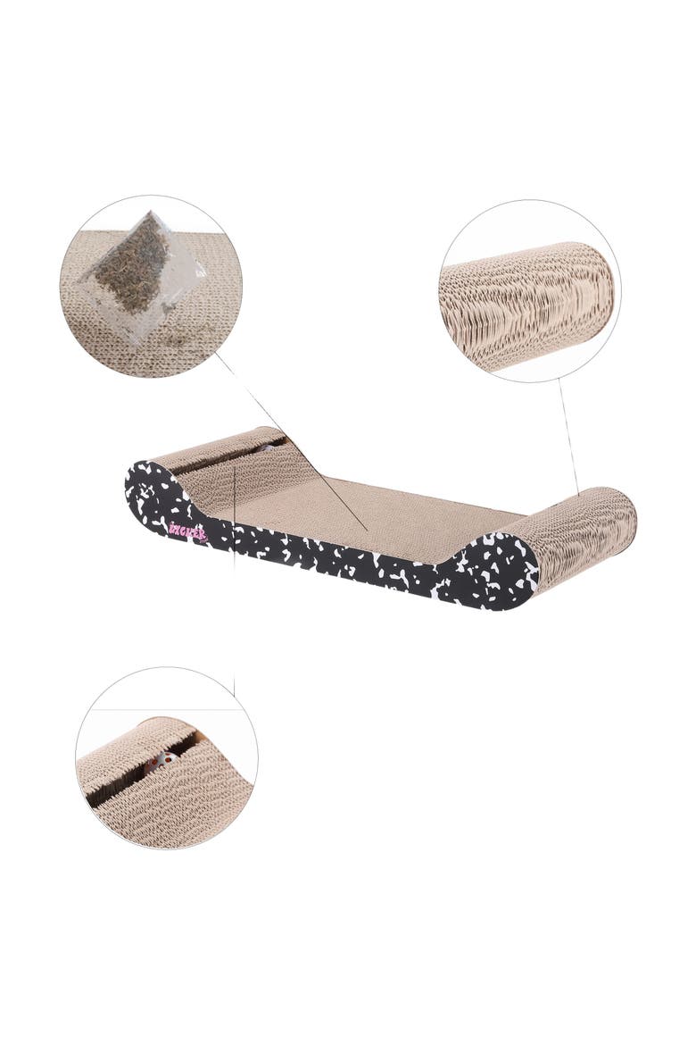 Rini Modern Cardboard Lounge Bed Cat Scratcher with Built-In Bell Toys and Catnip, Alternate, color, Black/White