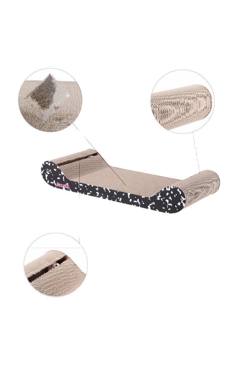 The Licker Store Rini 23.75" Modern Cardboard Lounge Bed Cat Scratcher with Built-In Bell Toys and Catnip, Alternate, color, Black/White