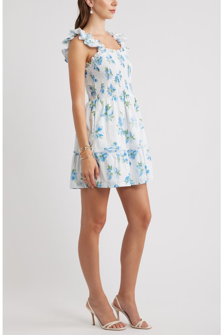 Smocked Tiered Cotton Ruffle Trim Minidress, Alternate, color, BLUE- GREEN STRIPED FLORAL