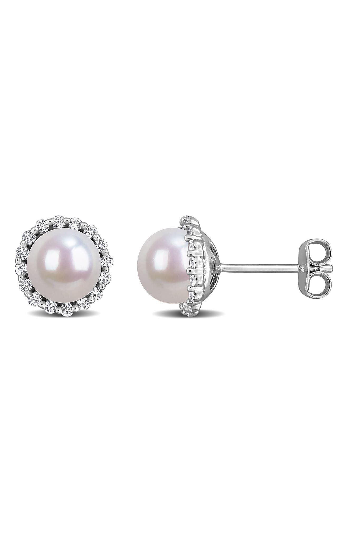 DELMAR Sterling Silver Cultured Pearl & Lab Grown White Sapphire Halo Stud Earrings