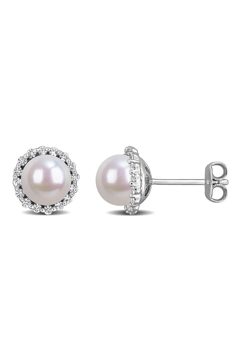 Sterling Silver Cultured Pearl & Lab Grown White Sapphire Halo Stud Earrings, Main, color, WHITE