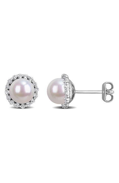 Sterling Silver Cultured Pearl & Lab Grown White Sapphire Halo Stud Earrings