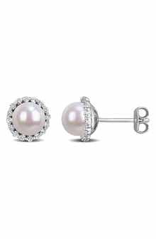 Sterling Silver Cultured Pearl & Lab Grown White Sapphire Halo Stud Earrings