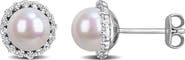 DELMAR Sterling Silver Cultured Pearl & Lab Grown White Sapphire Halo Stud Earrings