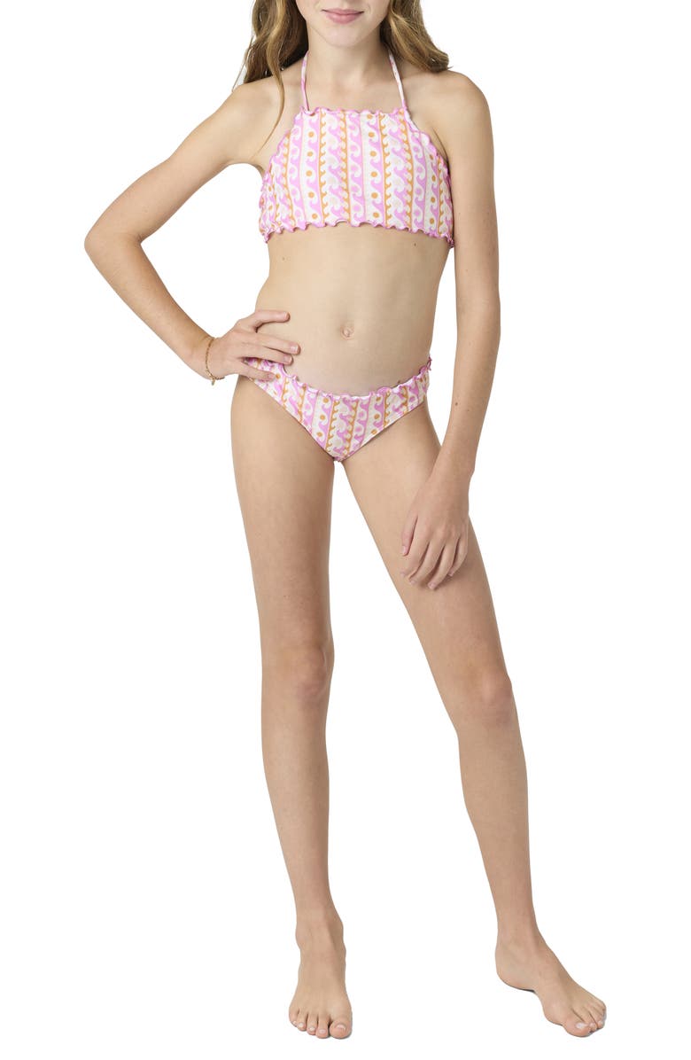 O'Neill Kids' Balearic Waves Ruffle Two-Piece Swimsuit, Alternate, color, Pink Multi Colored