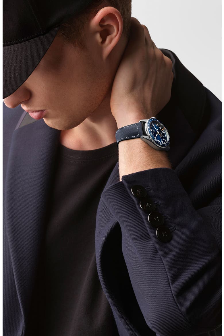Spirit Zulu Time Leather Strap Watch, 42mm, Alternate, color, BLUE