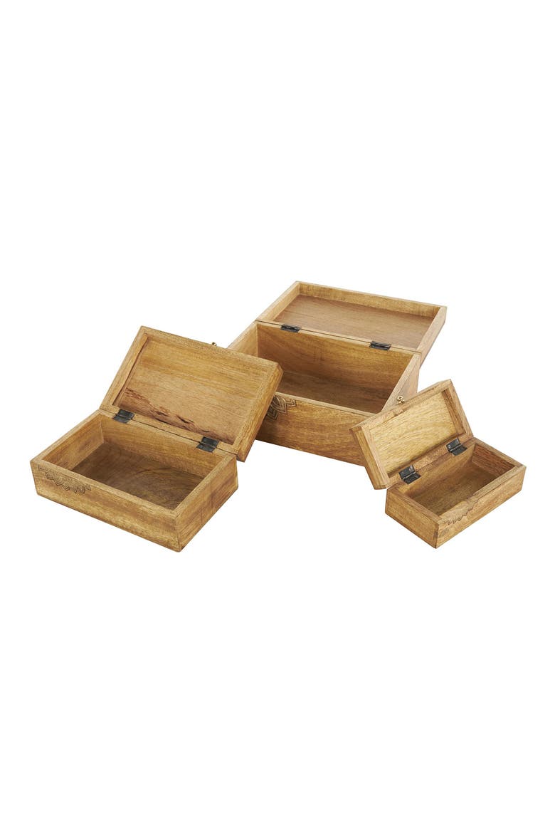Set of Three Hand Carved Storage Boxes, Alternate, color, BROWN
