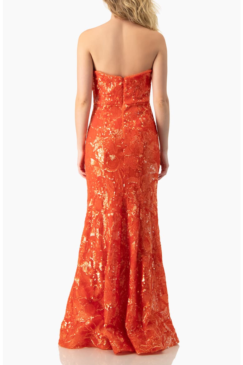 Strapless Sequin Floral Brocade Gown, Alternate, color, Orange Red