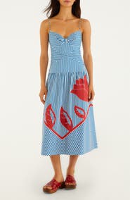 FARM Rio Sky Stripes Floral Embroidered Midi Dress