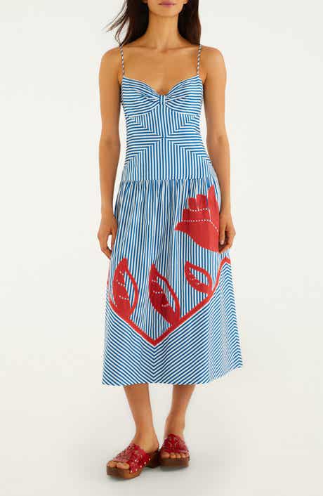 Sky Stripes Floral Embroidered Midi Dress