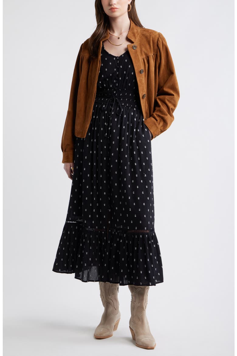 Smocked Dobby Maxi Dress, Alternate, color, BLACK- IVORY DOBBY DOT