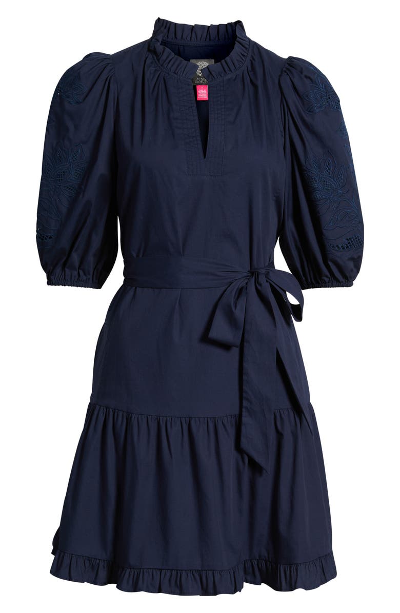 Vince Camuto Embroidered Ruffle Tie Waist Dress, Alternate, color, Navy