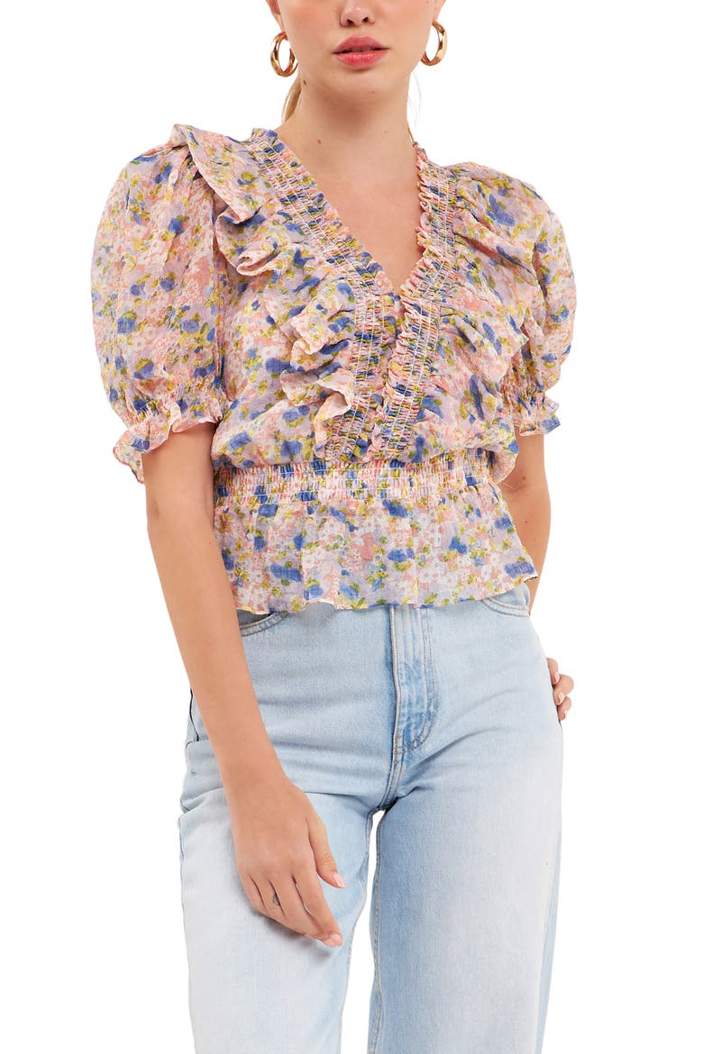 Smocked Ruffle Floral Blouse, Alternate, color, PINK MULTI