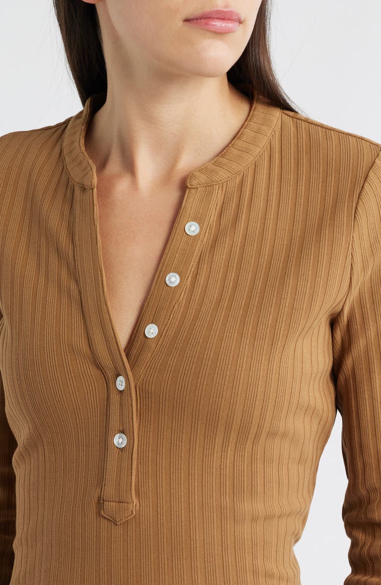 Veronica Beard Jocelyn Rib Stretch Cotton Henley Top, Alternate, color, Dark Acorn