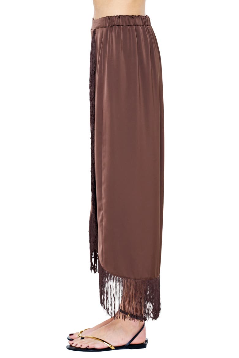 Sana Fringe Trim Satin Midi Skirt, Alternate, color, BROWN