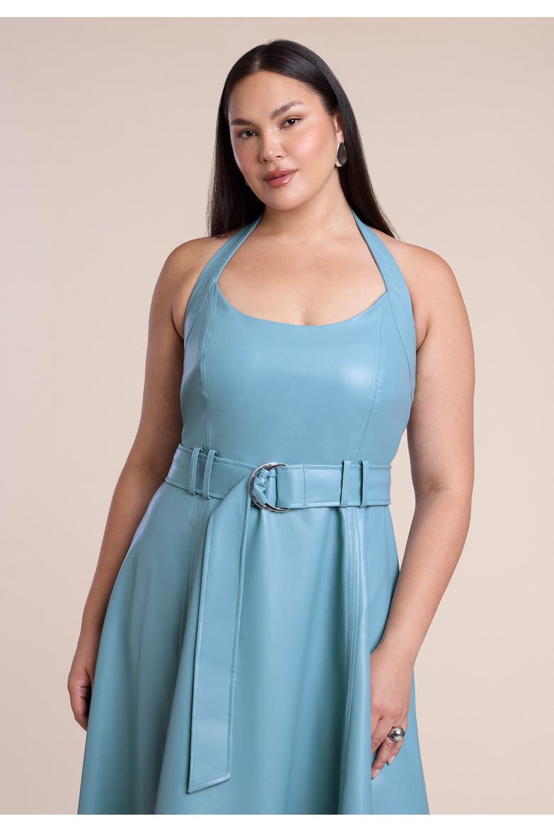 Faux Leather Halter Midi Dress, Alternate, color, CAMEO BLUE