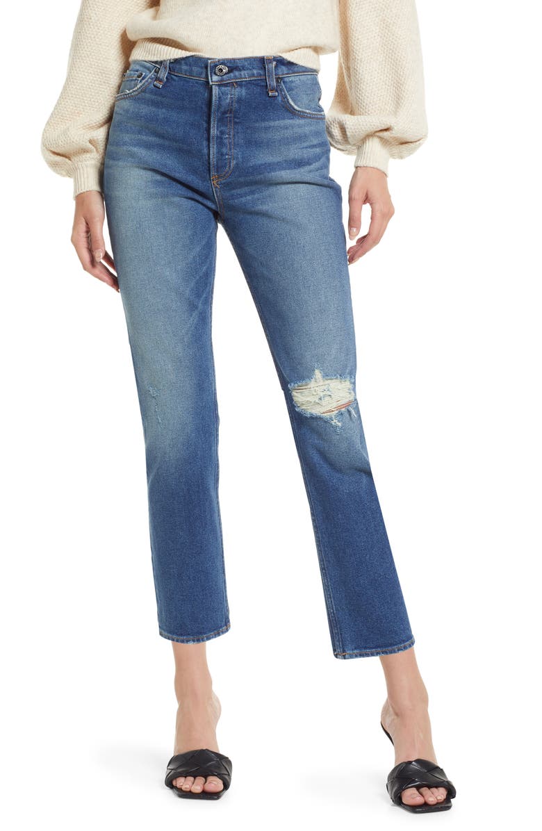 ASKK NY Ripped High Waist Ankle Straight Leg Jeans, Main, color, 