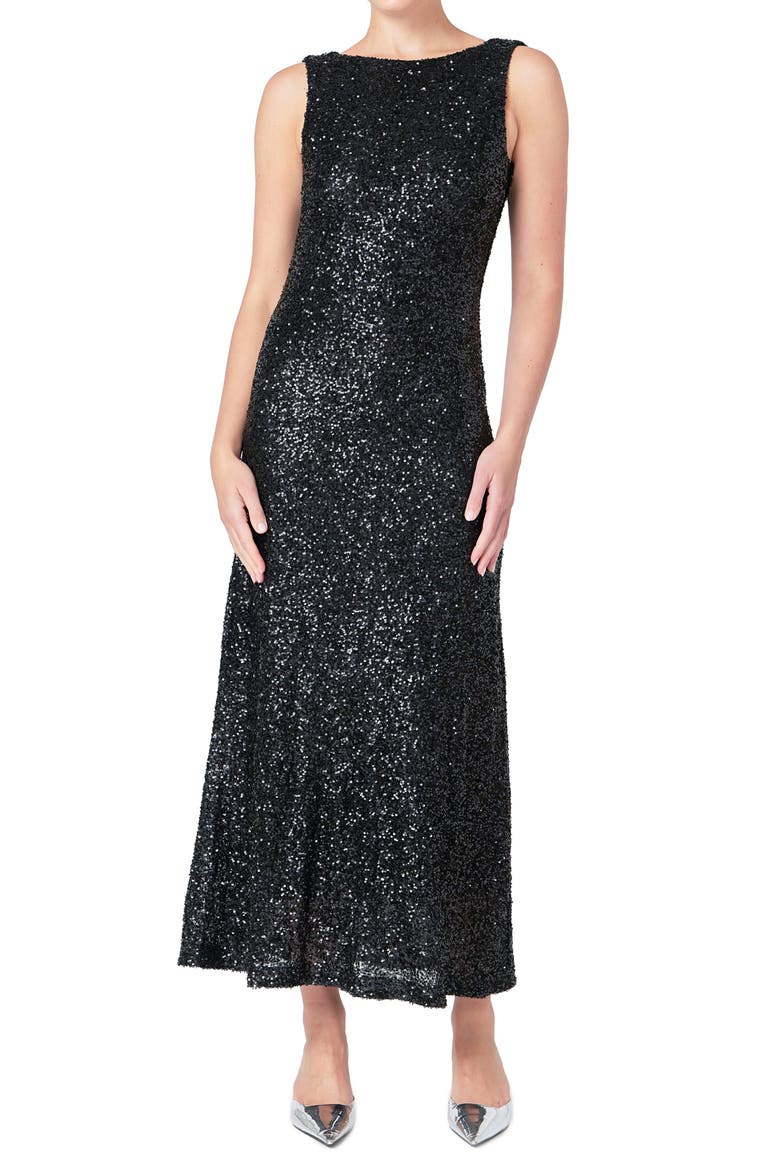Open Back Sequin Maxi Dress, Main, color, BLACK